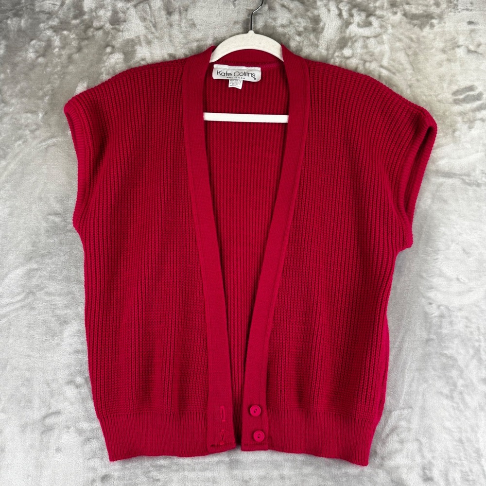 Kate Collins Sweater Vest‎ Womens OS Red Ribbed Knit Button Front Vintage (1528)